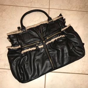 Large Dark Brown Leather Purse w/ Beige Fur Trim